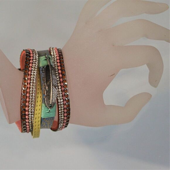 Feather Charm Faux Leather Wrap Bracelet Bling Multi Layer With Magnetic Clasp - Picture 1 of 8
